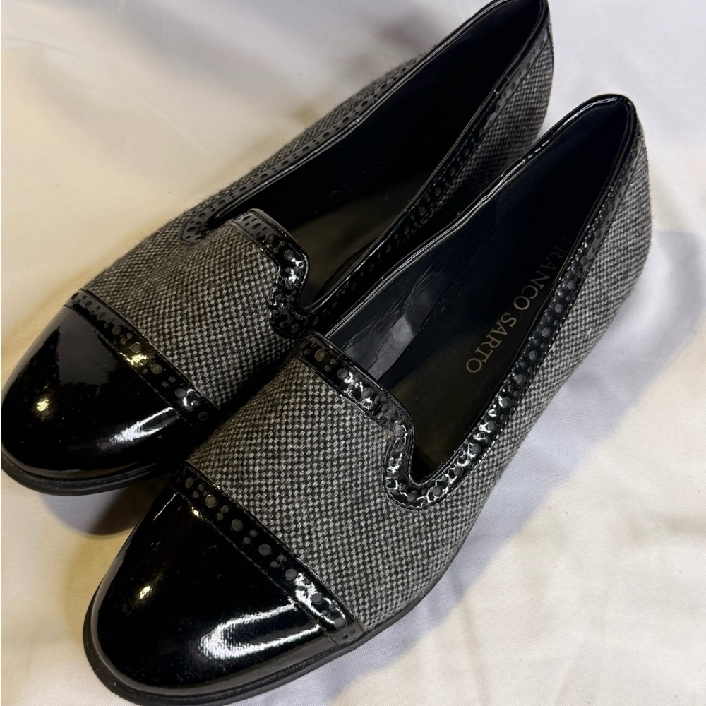 Franco Sarto Gray Fabric Loafers with Black Patent Cap Toe